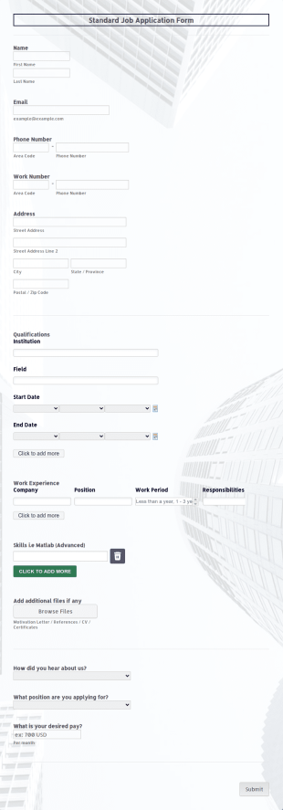 Standard Job Application Form Template