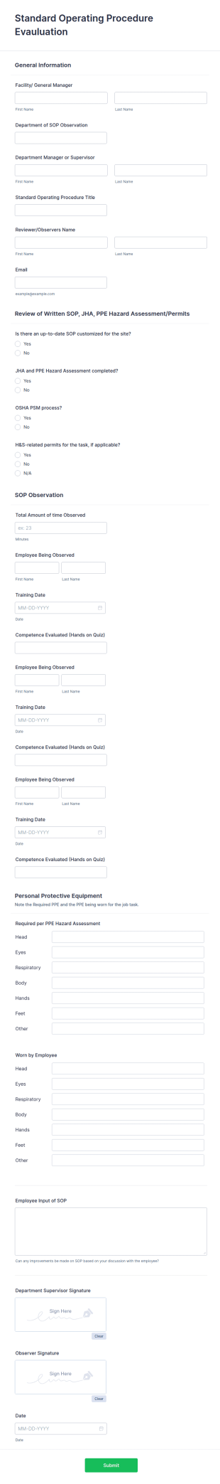 Standard Operating Procedure Evaluation Form Template