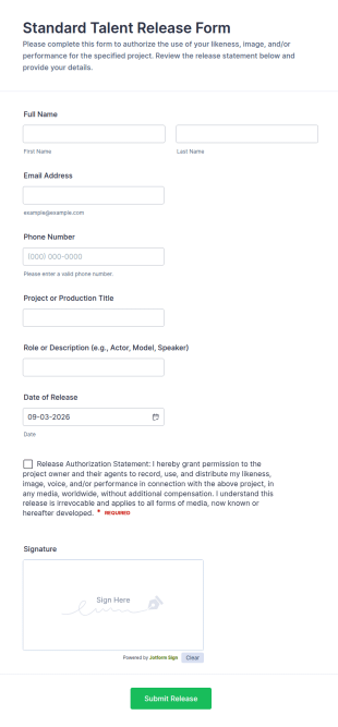 Standard Talent Release Form Template