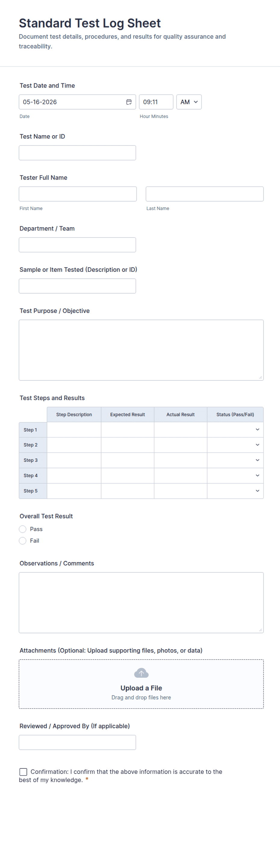 Standard Test Log Sheet Form Template | Jotform