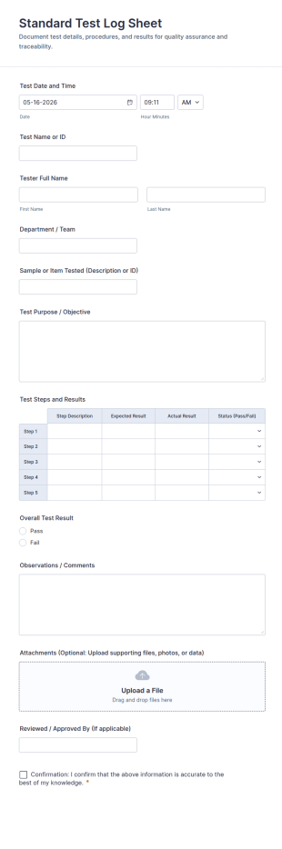 Standard Test Log Sheet Form Template