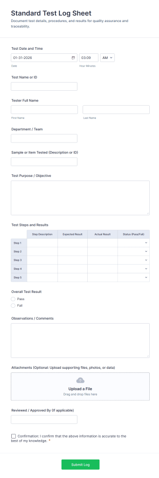 Standard Test Log Sheet Form Template