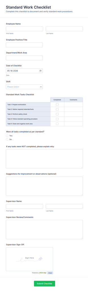 Standard Work Checklist Form Template