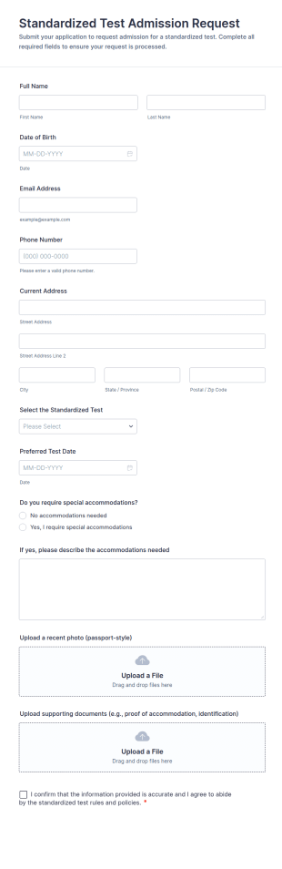 Standardized Test Admission Request Form Template