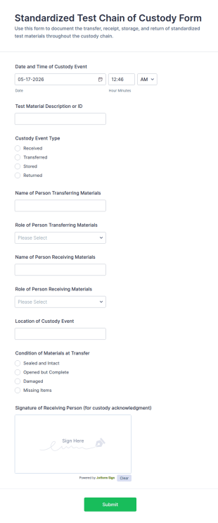 Standardized Test Chain Of Custody Form Template