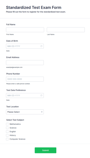 Standardized Test Exam Form Template