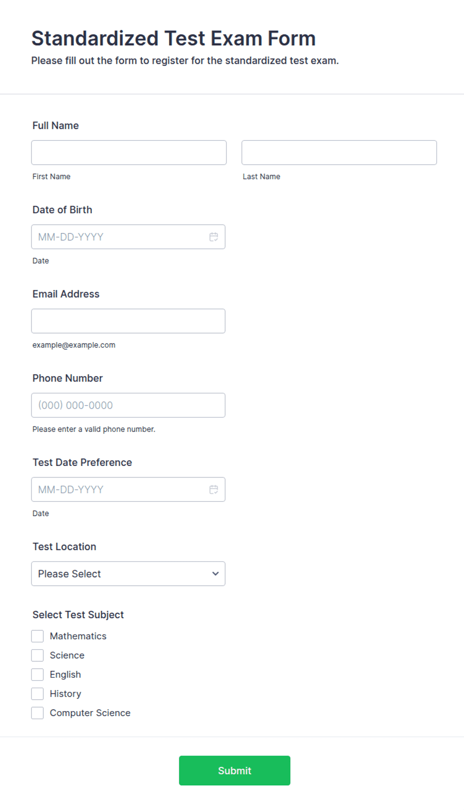 Standardized Test Exam Form Template | Jotform