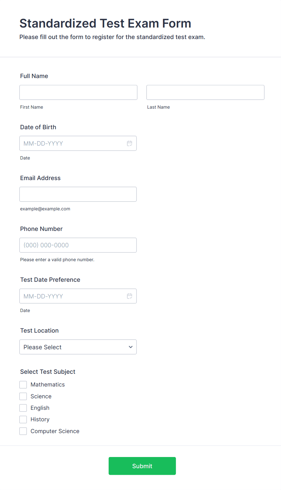 Standardized Test Exam Form Template | Jotform