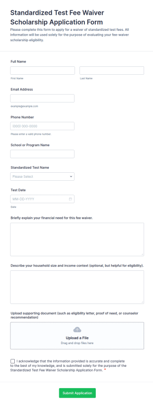 Standardized Test Fee Waiver Scholarship Application Form Template