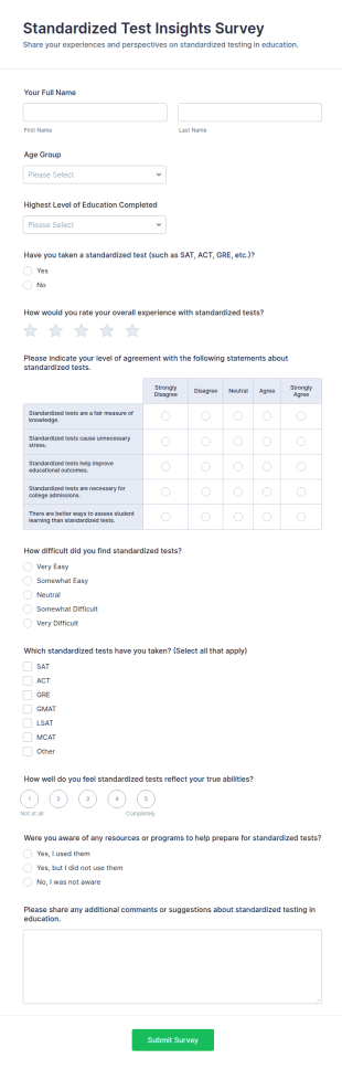 Standardized Test Insights Survey Form Template