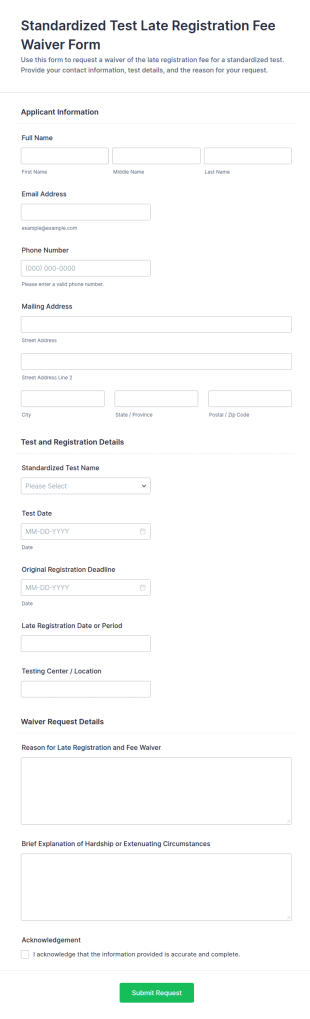 Standardized Test Late Registration Fee Waiver Form Template