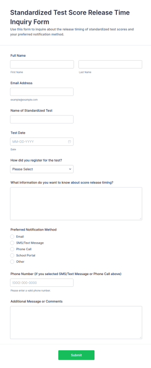 Standardized Test Score Release Time Inquiry Form Template