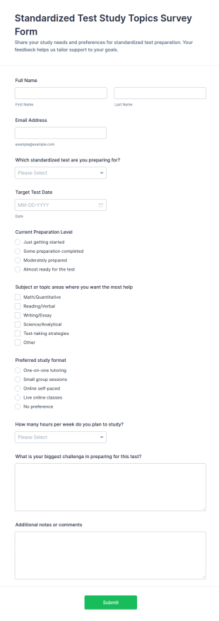 Standardized Test Study Topics Survey Form Template