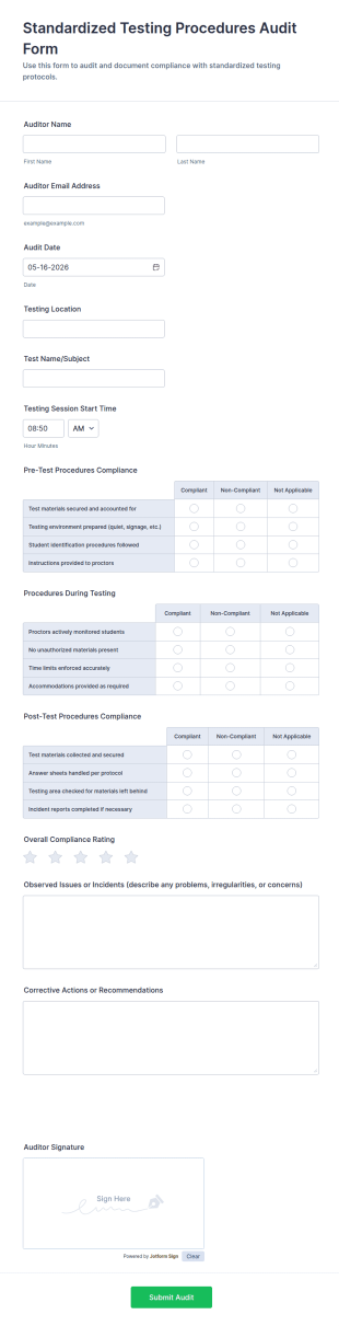 Standardized Testing Procedures Audit Form Template