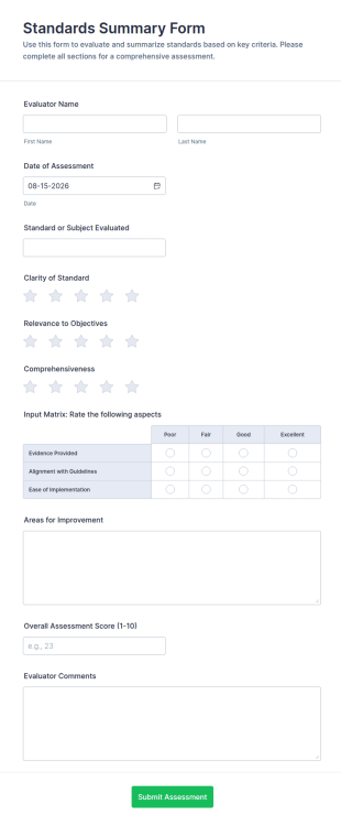 Standards Summary Form Template