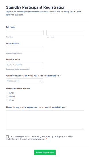 Standby Participant Registration Form Template