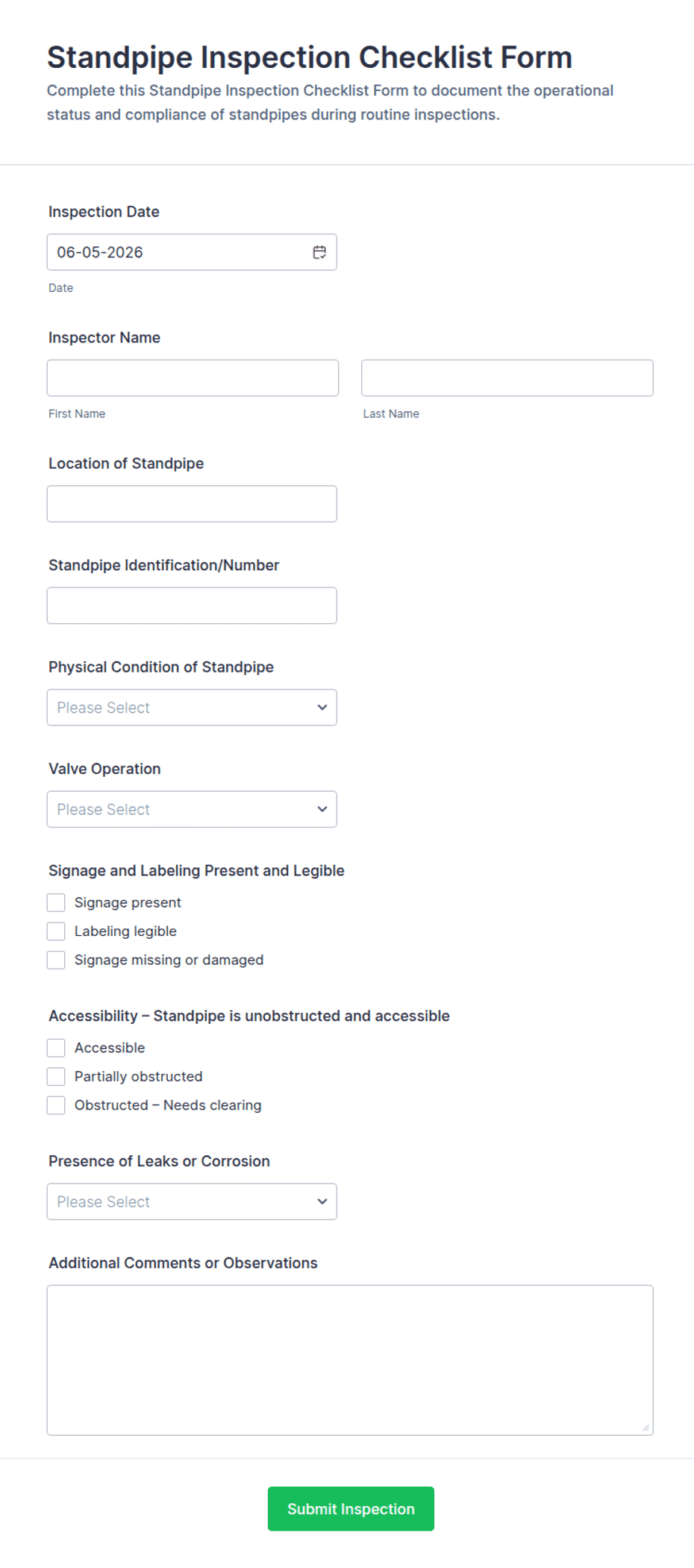 Standpipe Inspection Checklist Form Template | Jotform