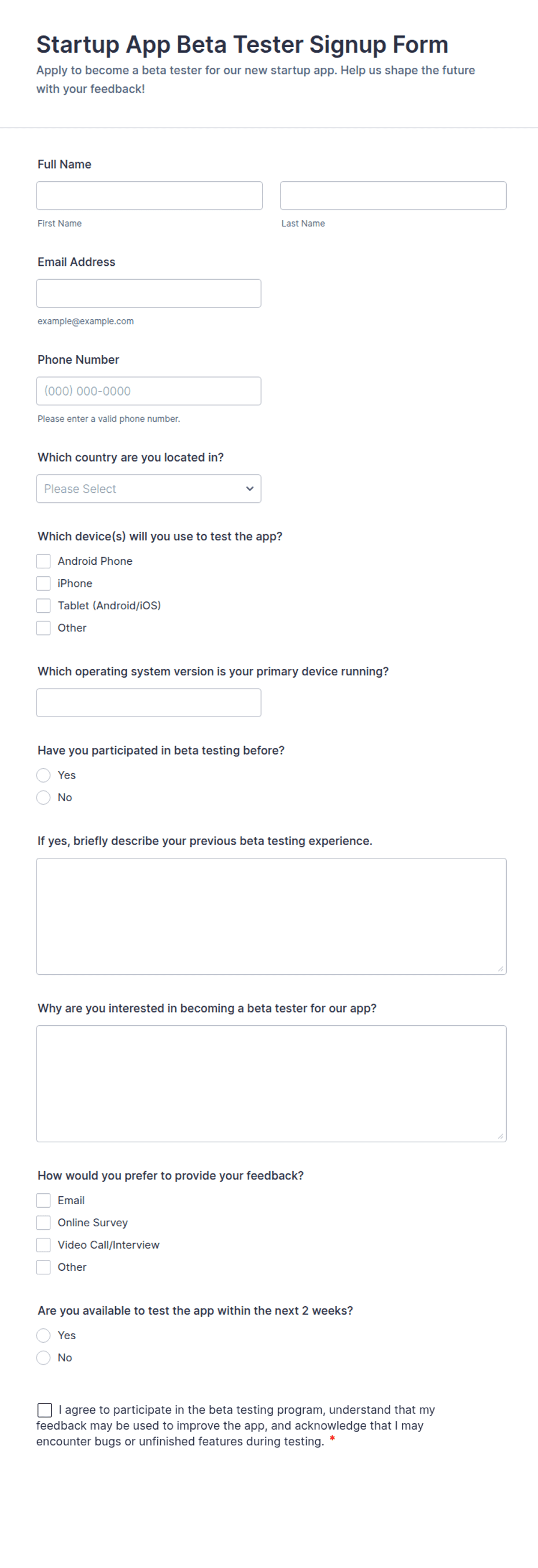 App Testing Form Startup App Beta Tester Signup Form Template | Jotform
