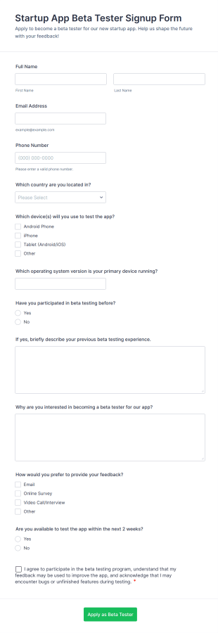 Startup App Beta Tester Signup Form Form Template