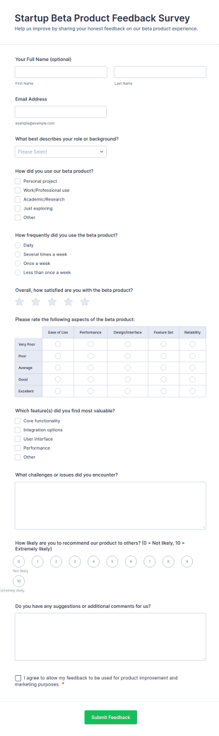 Startup Beta Product Feedback Survey Form Template