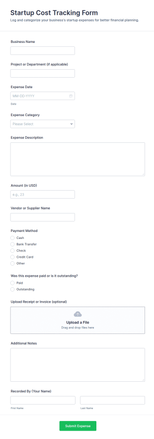 Startup Cost Tracking Form Template
