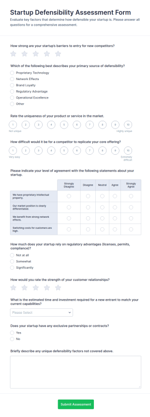 Startup Defensibility Assessment Form Template