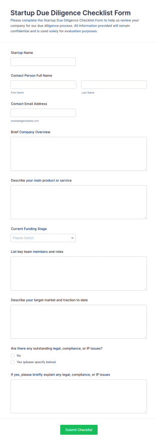 Startup Due Diligence Checklist Form Template