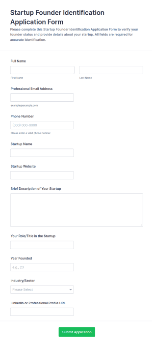 Startup Founder Identification Application Form Template