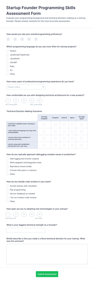 Startup Founder Programming Skills Assessment Form Template
