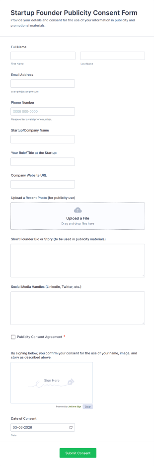 Startup Founder Publicity Consent Form Template