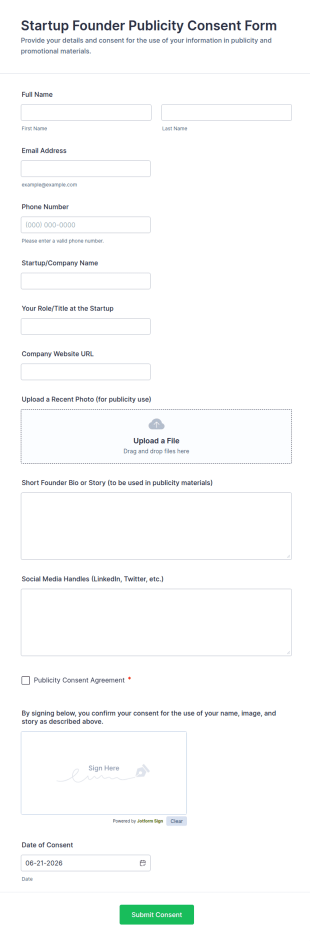 Startup Founder Publicity Consent Form Template