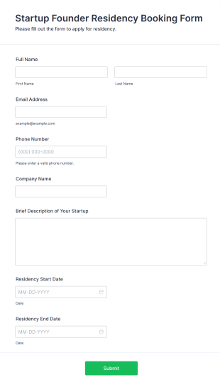 Startup Founder Residency Booking Form Form Template
