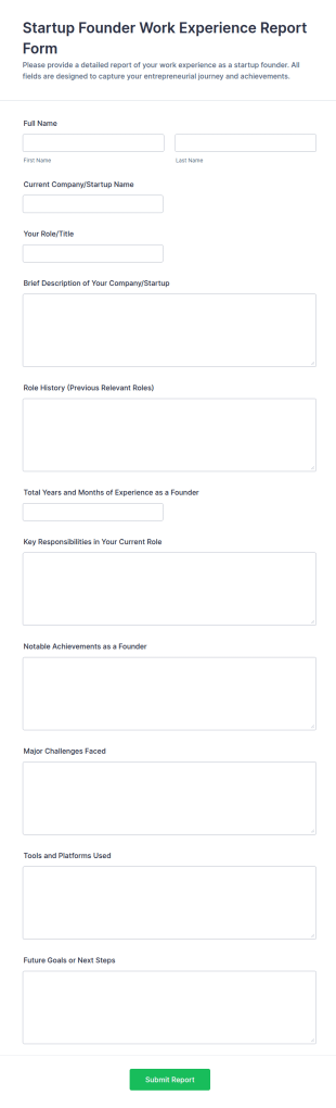 Startup Founder Work Experience Report Form Template
