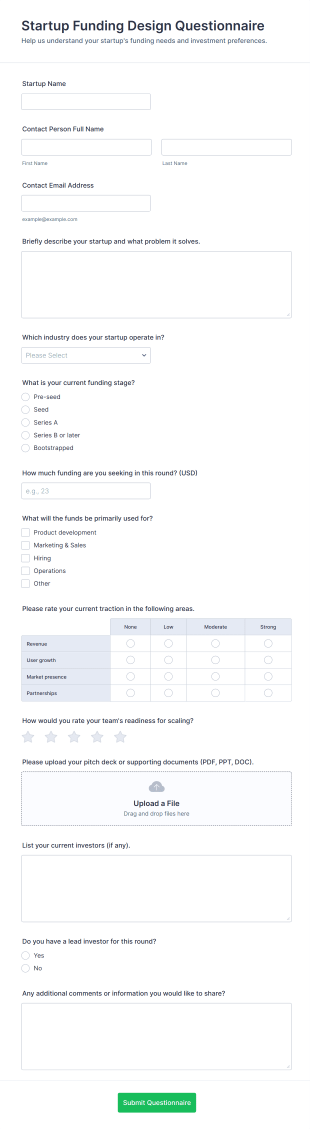 Startup Funding Design Questionnaire Form Template