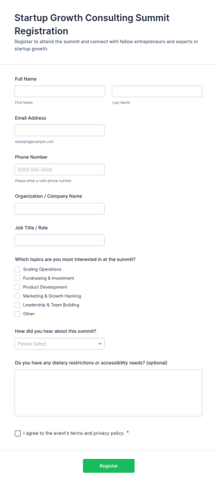 Startup Growth Consulting Summit Registration Form Template