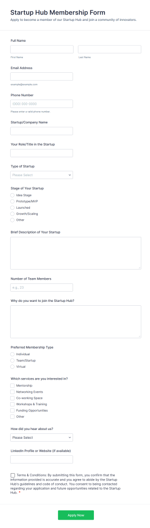 Startup Hub Membership Form Template