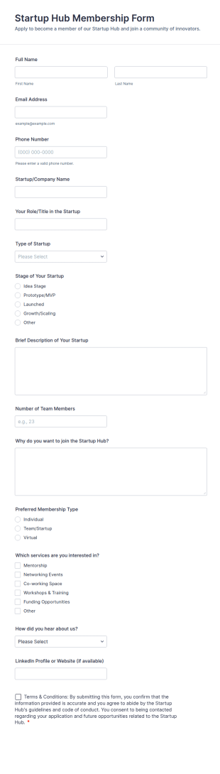 Startup Hub Membership Form Template