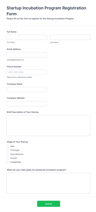 Startup Incubation Program Registration Form Form Template