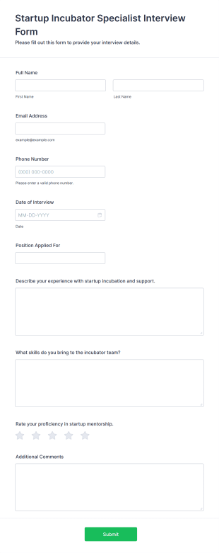 Startup Incubator Specialist Interview Form Template