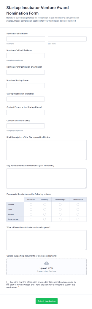 Startup Incubator Venture Award Nomination Form Template