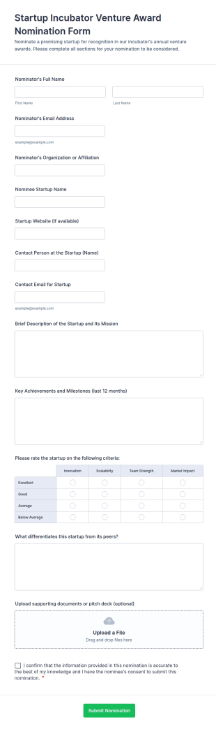 Startup Incubator Venture Award Nomination Form Template