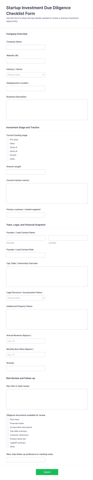 Startup Investment Due Diligence Checklist Form Template