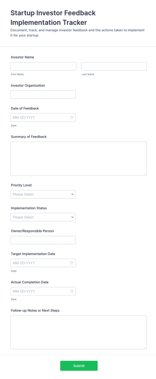 Startup Investor Feedback Implementation Tracker Form Template