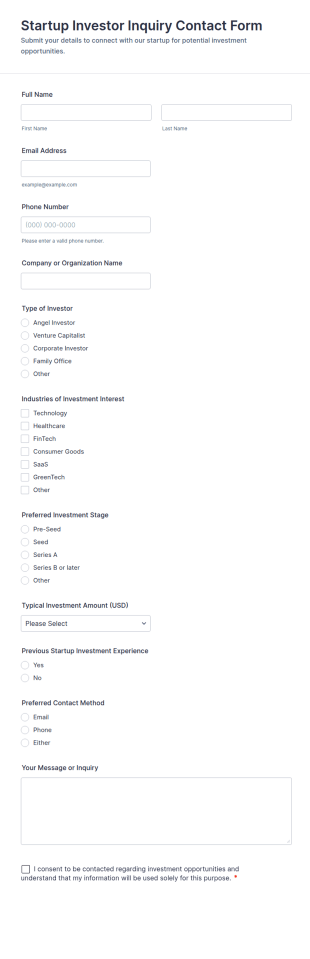 Startup Investor Inquiry Contact Form Template
