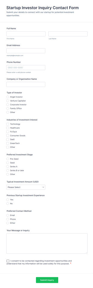 Startup Investor Inquiry Contact Form Template