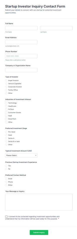 Startup Investor Inquiry Contact Form Template