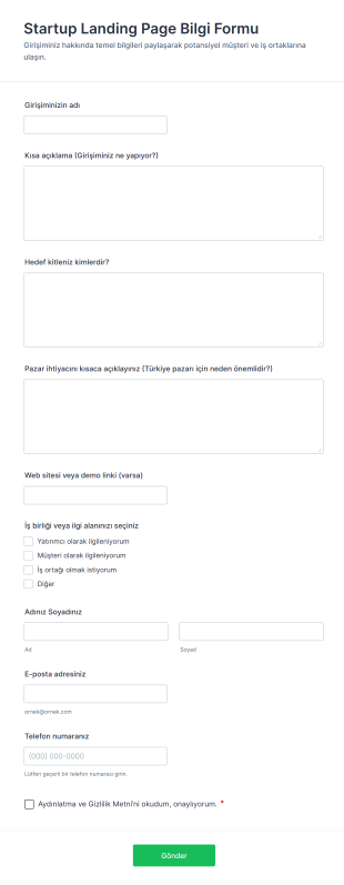 Startup Landing Page Bilgi Form Şablonu