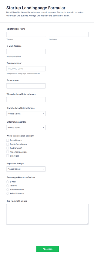 Startup Landingpage Formular