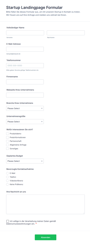 Startup Landingpage Formular