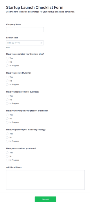 Startup Launch Checklist Form Template